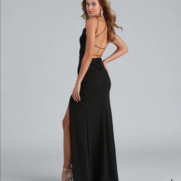 NWT black size 9 maxi dress with high leg slit, open back - Picture 2 of 4